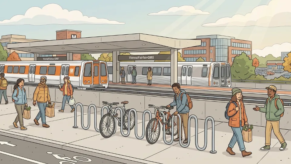 Bicycle rack at Metro station entrance in Northern Virginia with orange and silver line trains visible in background