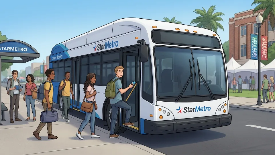 Bus passengers boarding StarMetro vehicle with downtown festival venue in background