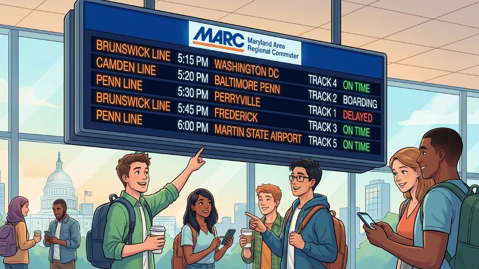 MARC train schedule display board showing departure times and track numbers
