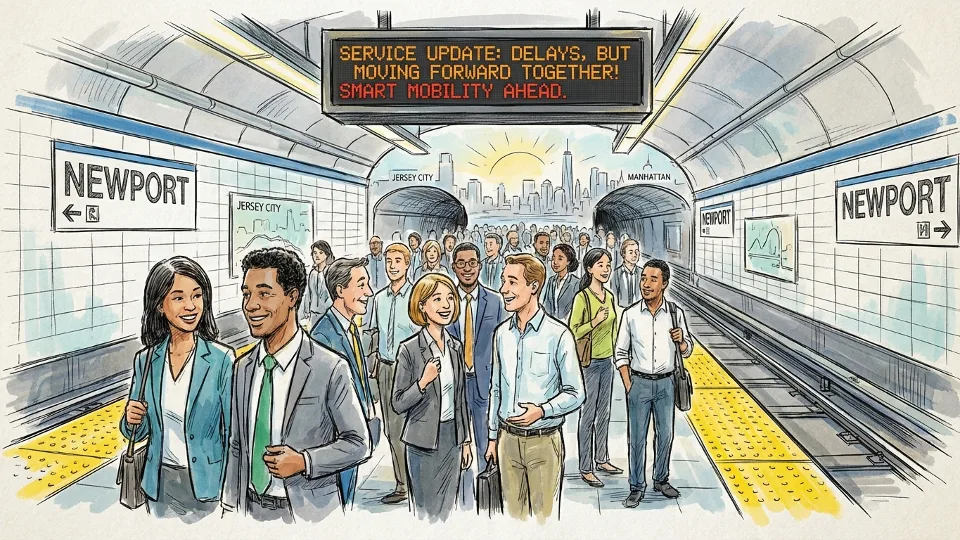 Crowded PATH train platform at Newport station during service delays with digital information board