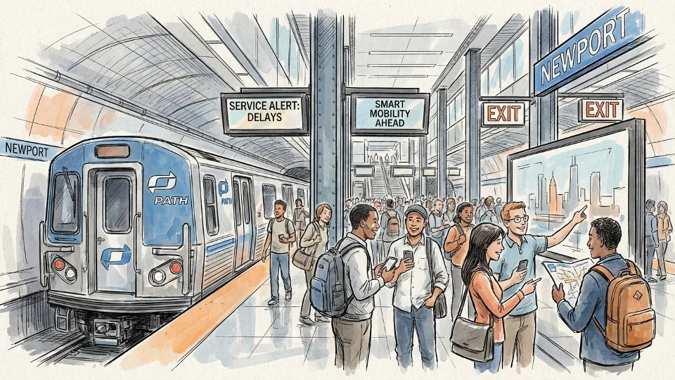 PATH train at Newport station platform with passengers waiting during service disruption