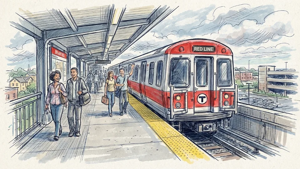 MBTA Red Line train at Braintree station platform with passengers waiting