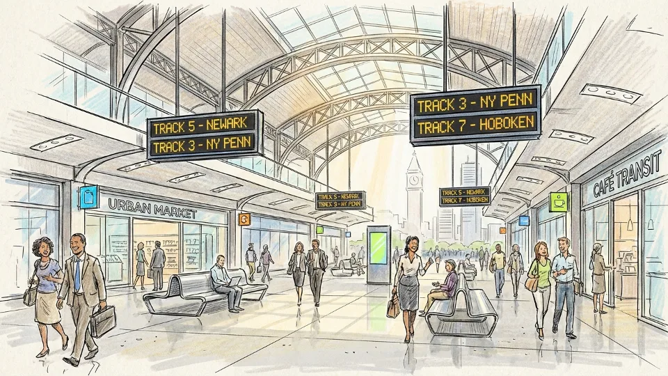 Modern train station interior with high ceilings and digital information displays