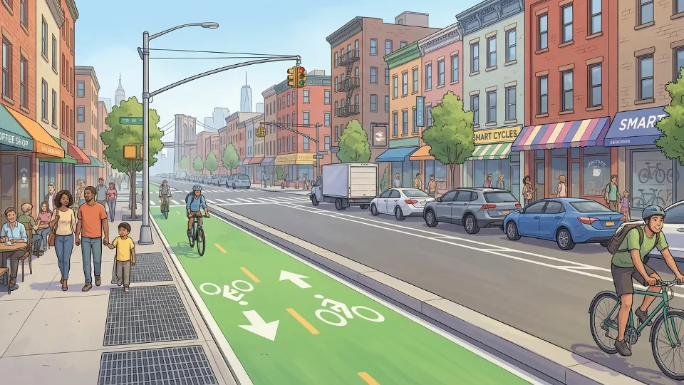 Brooklyn street with bike lane and parked cars along commercial corridor