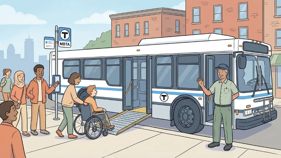 MBTA accessible bus with deployed wheelchair ramp at Boston stop