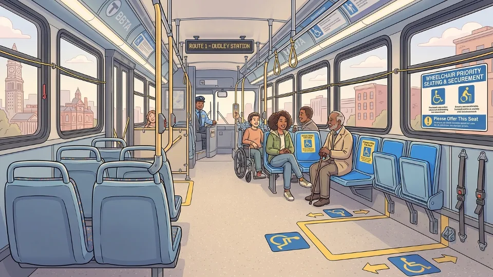 MBTA bus interior showing accessible seating and wheelchair securement area