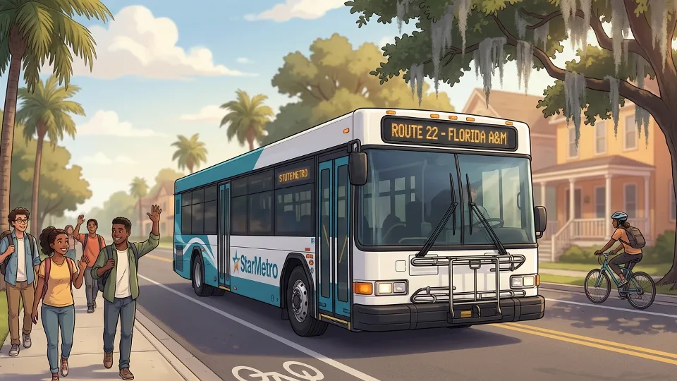 City bus on Tallahassee street with route number display visible