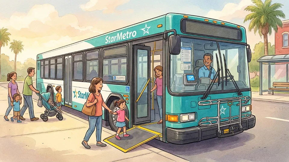Families boarding StarMetro bus with children, showing accessible entrance and fare collection area