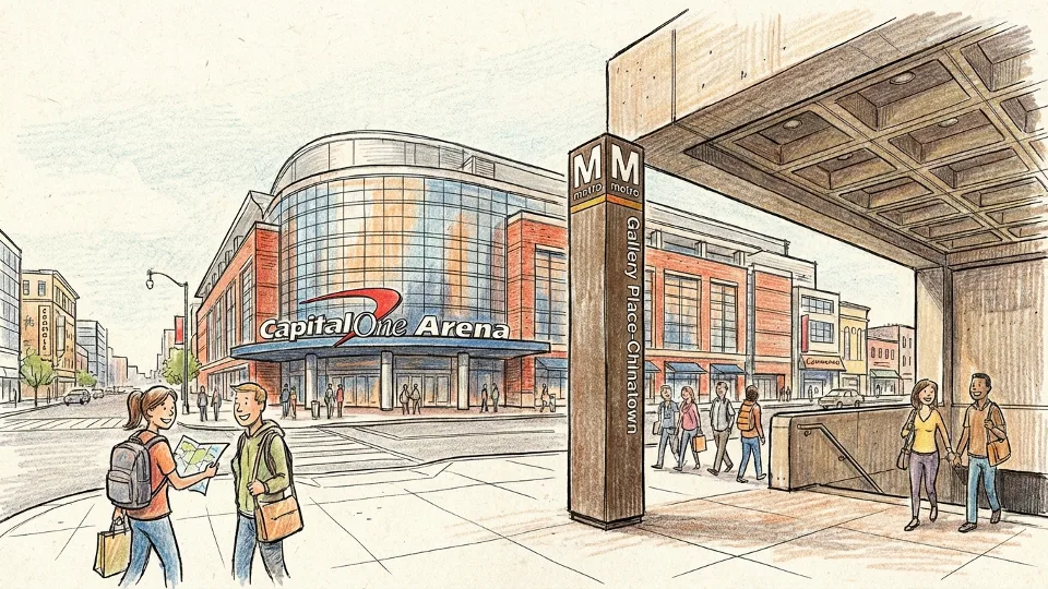 Capital One Arena exterior with Metro station entrance in foreground