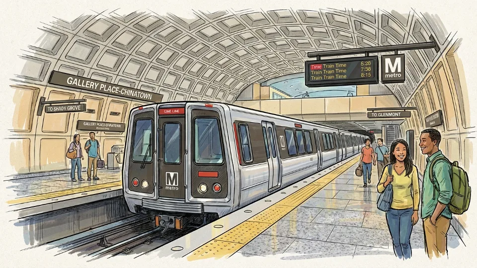 Metro train at Gallery Place-Chinatown station platform with directional signage visible