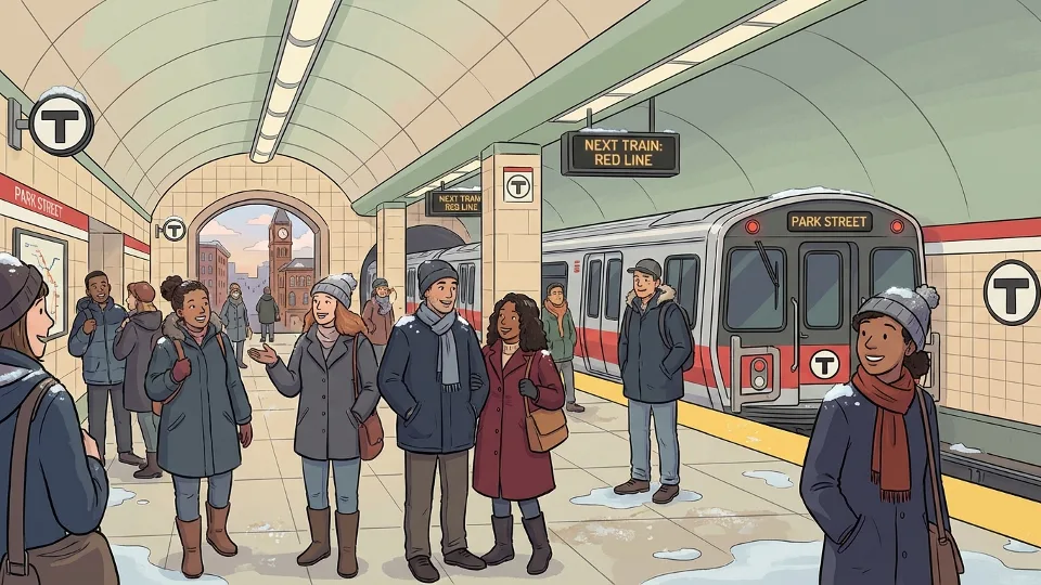 MBTA subway train at downtown Boston station during winter with snow visible