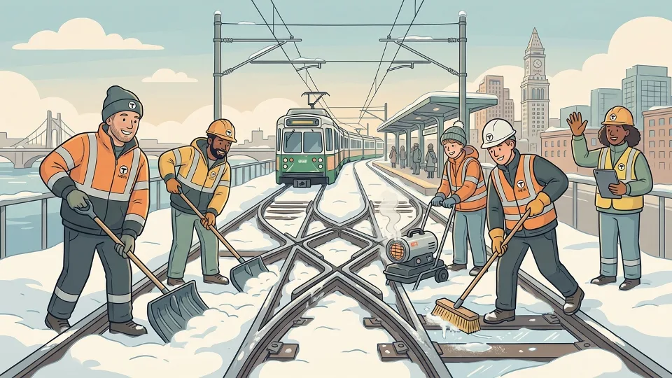 MBTA maintenance crew working on transit track switches in winter conditions