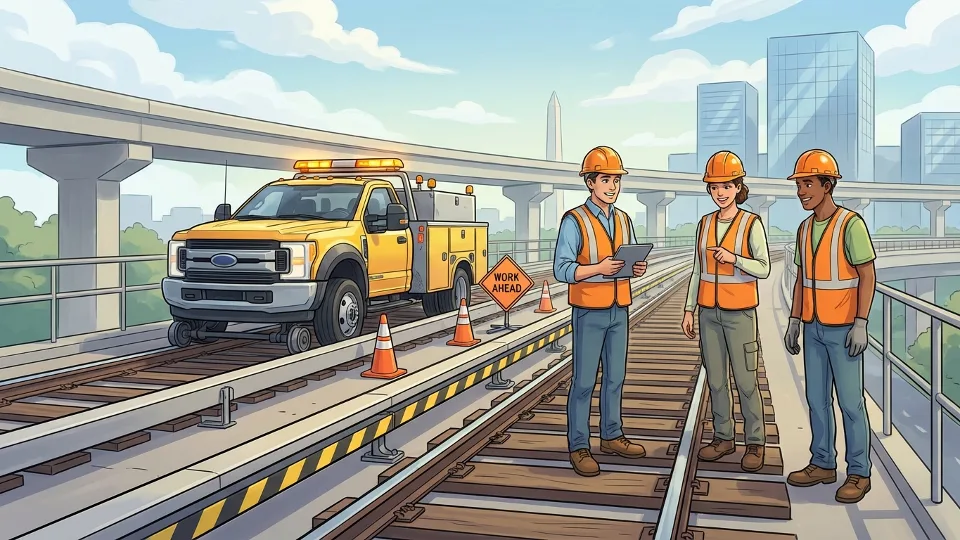 Metro track maintenance work with safety equipment and workers on rail line