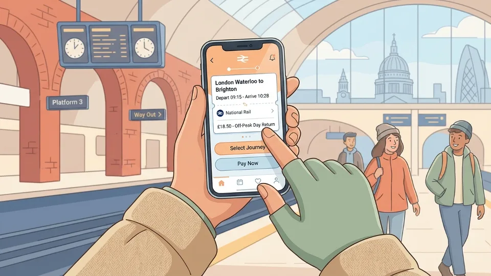 Close-up of passenger using mobile phone to book train tickets at railway station