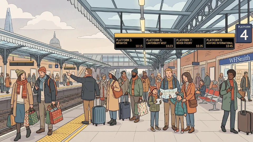 Passengers waiting at a busy UK railway station platform during holiday season with departure boards visible