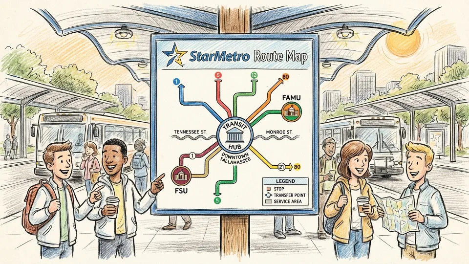 Tallahassee StarMetro route map display showing bus line connections at transit center