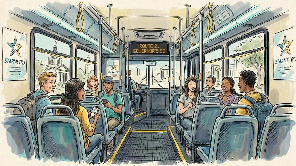 Interior view of StarMetro bus showing seating area and route information display