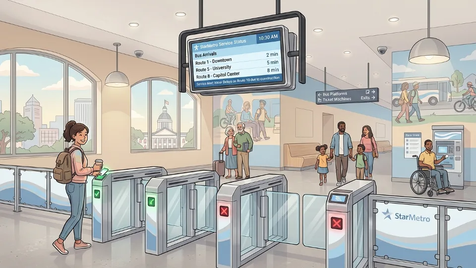 Fare gate and information display at StarMetro transit facility
