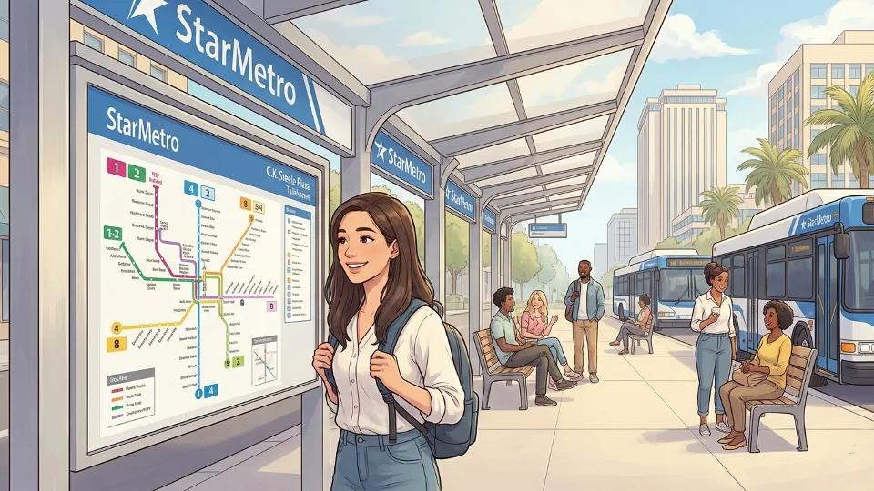 Transit rider consulting route map at C.K. Steele Plaza StarMetro station in Tallahassee