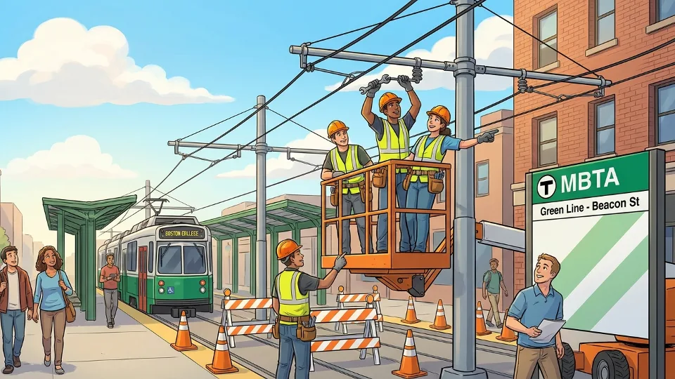 Construction crew working on overhead catenary system infrastructure at MBTA Green Line station