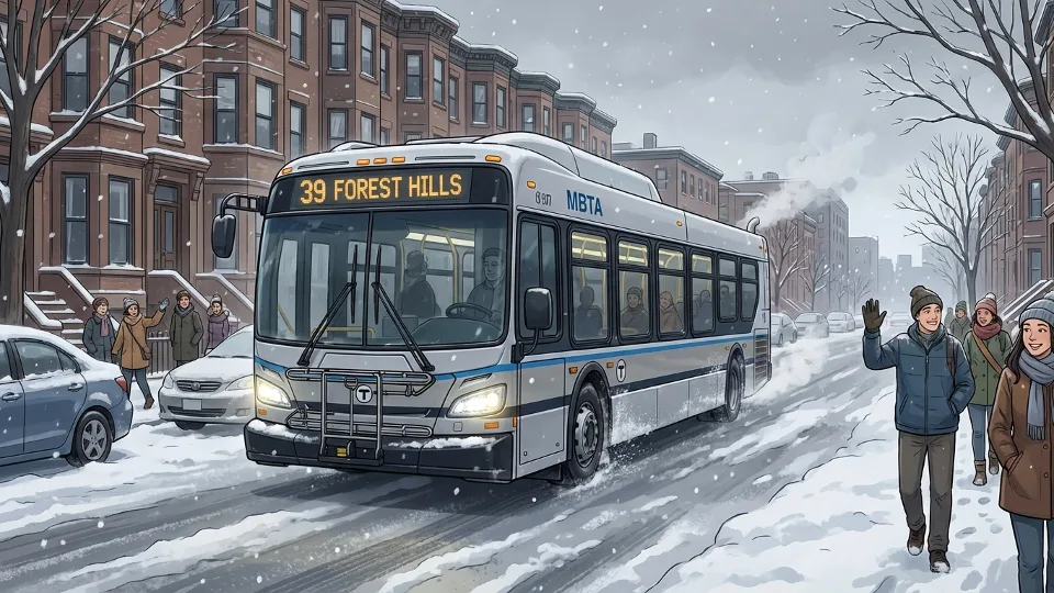 MBTA bus traveling through snowy Boston street during winter conditions