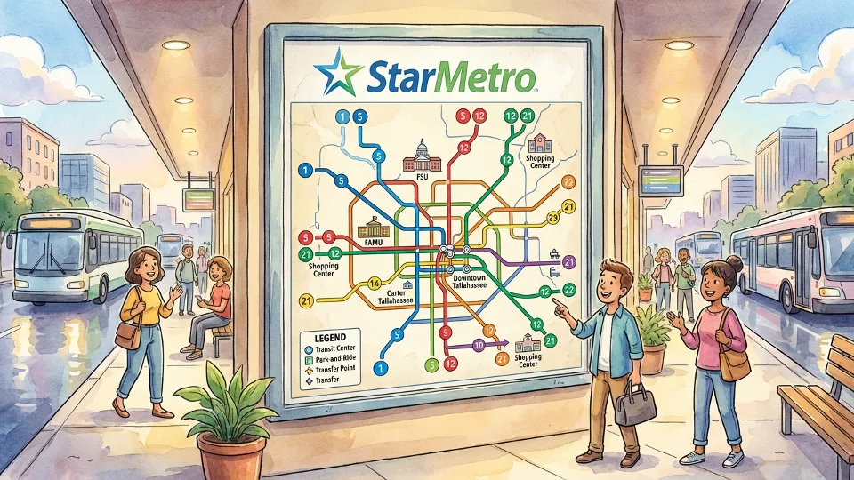 StarMetro route map display at transit center showing fixed route network