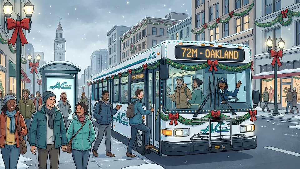 AC Transit bus at downtown Oakland stop with holiday decorations visible in background