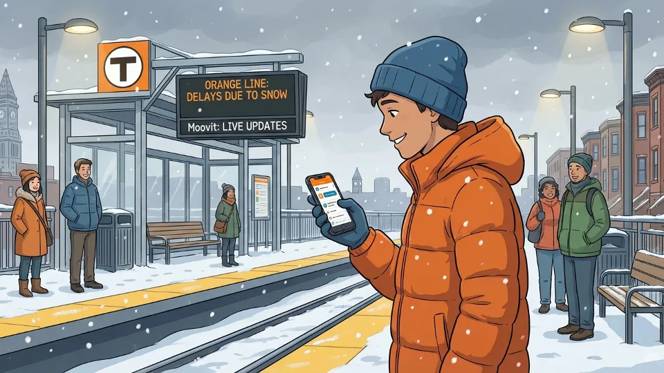MBTA passenger checking mobile phone for transit alerts at station during winter weather