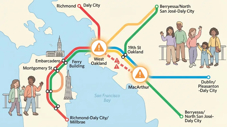BART system map showing Red, Green, and Blue lines with West Oakland and MacArthur stations highlighted to show the service disruption pattern