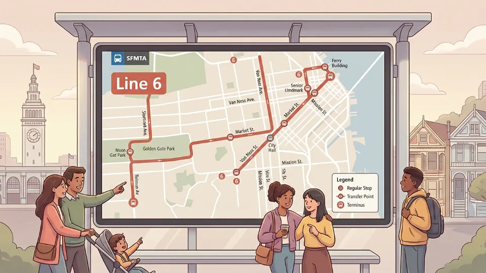 Bus route map display showing Line 6 service area in San Francisco Bay Area transit system