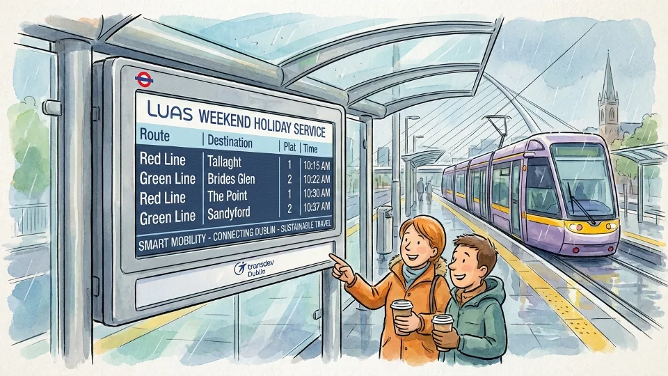 Luas tram information display board showing weekend schedule times at station platform. Alt text: Luas station schedule board displaying weekend service times for holiday period. Composition: Close-up of digital or printed timetable with route information clearly visible.