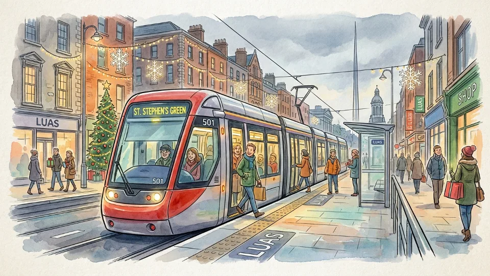 Dublin Luas tram at city center stop with holiday decorations visible in background. Alt text: Luas tram in Dublin during holiday season with passengers boarding. Composition: Front three-quarter view showing tram number and destination sign, with urban streetscape.