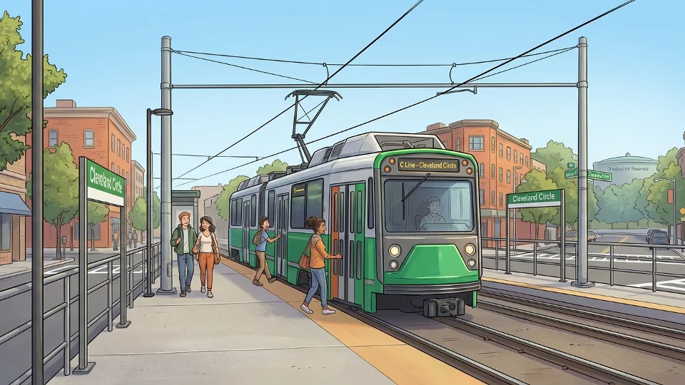 MBTA Green Line trolley stopped at Cleveland Circle station with overhead wire system visible above the tracks