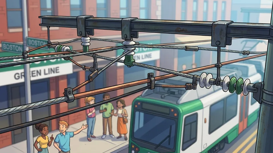 Close-up view of overhead catenary wire system components on MBTA Green Line showing wire hangers and contact wire infrastructure