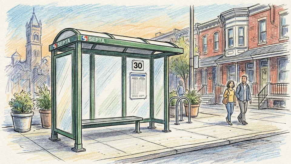 Empty bus stop shelter in Philadelphia with Route 30 sign and schedule posted on wall