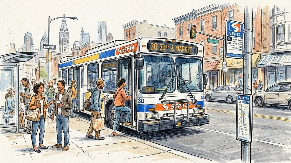 Philadelphia SEPTA bus Route 30 at urban stop with passengers waiting on sidewalk during daytime