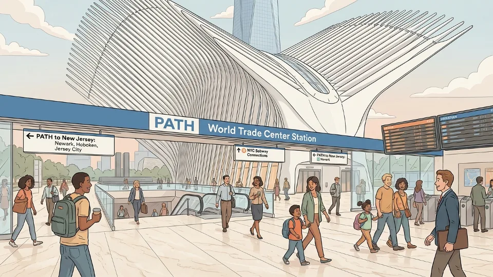 PATH World Trade Center station entrance with transit signage