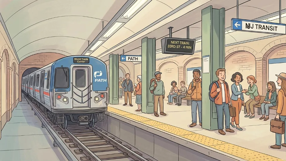 PATH train at Hoboken station platform with passengers waiting
