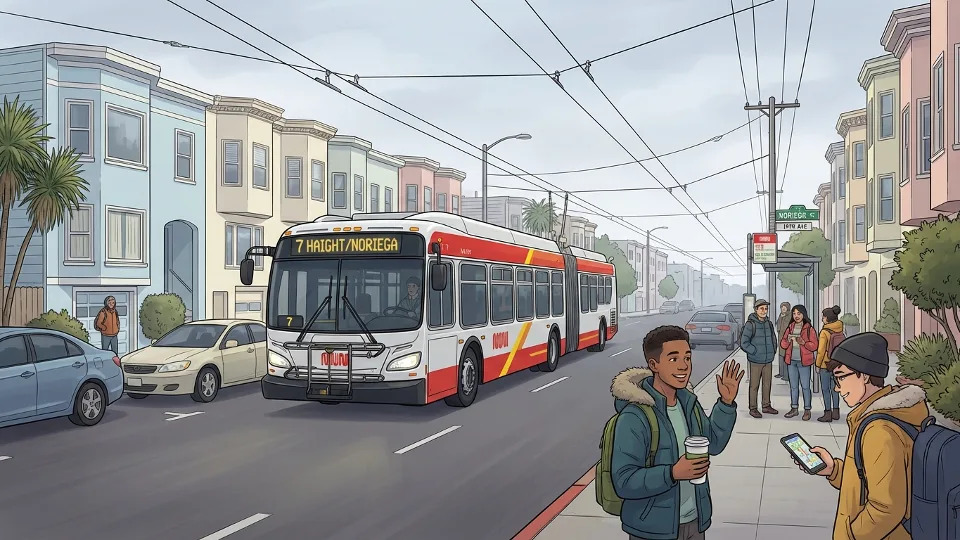 Muni bus on Route 7 Haight/Noriega traveling through San Francisco's Sunset District on a residential street