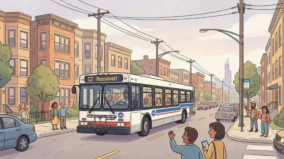 CTA Route 12 bus traveling through Chicago neighborhood street