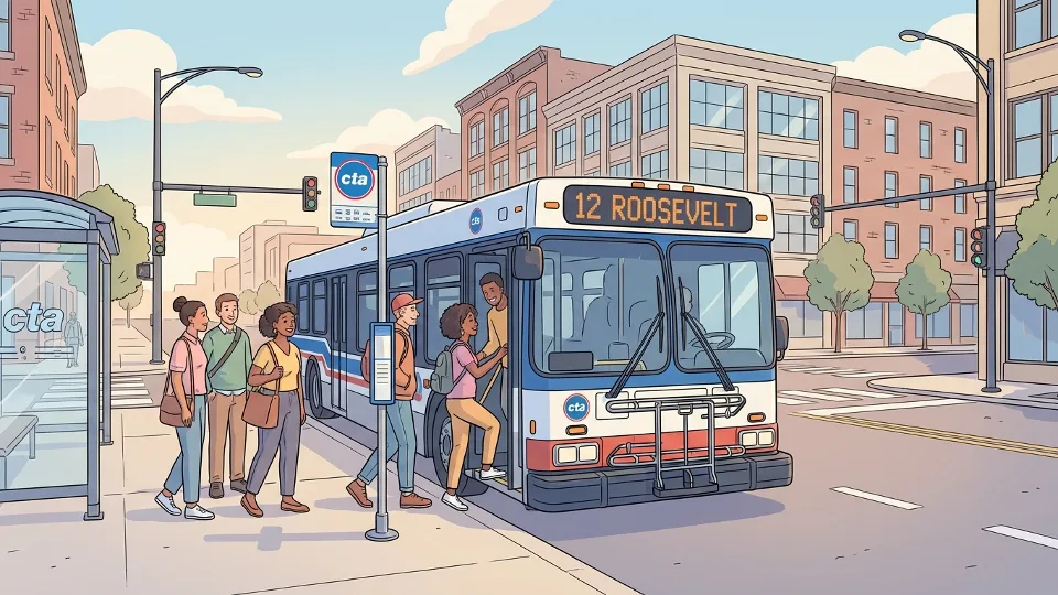 CTA bus on Route 12 at Chicago street stop with passengers boarding
