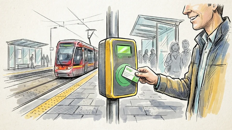 Passenger tapping Leap Card on Luas platform validator