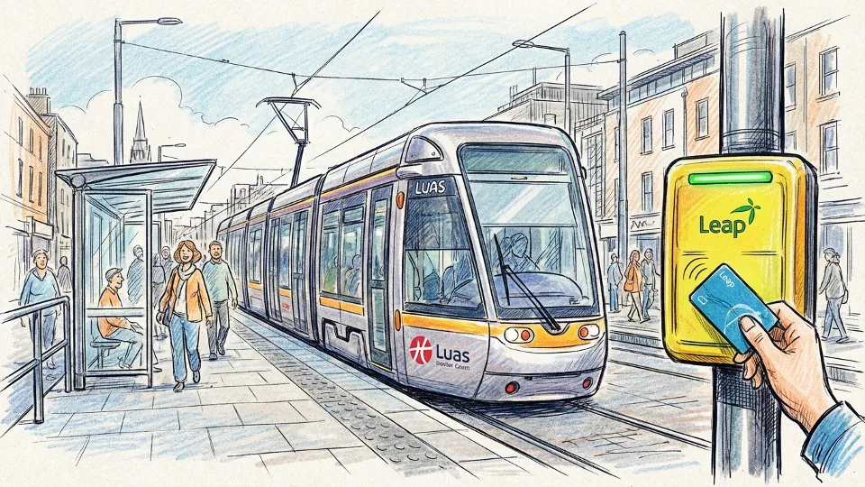 Luas tram at Dublin platform with Leap Card validator in foreground