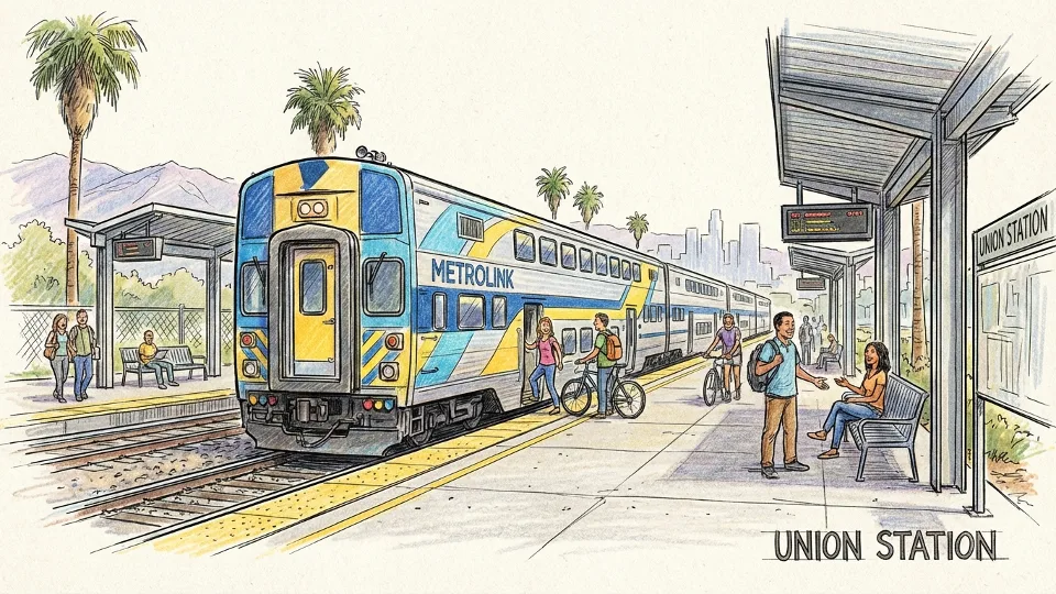 Metrolink commuter train at station platform in Southern California