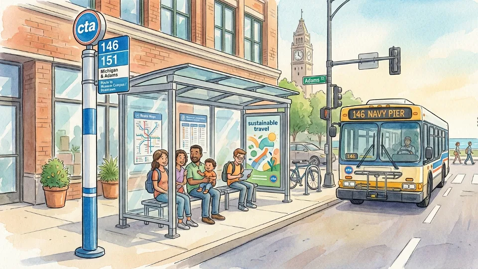 CTA bus stop sign and shelter on Chicago street
