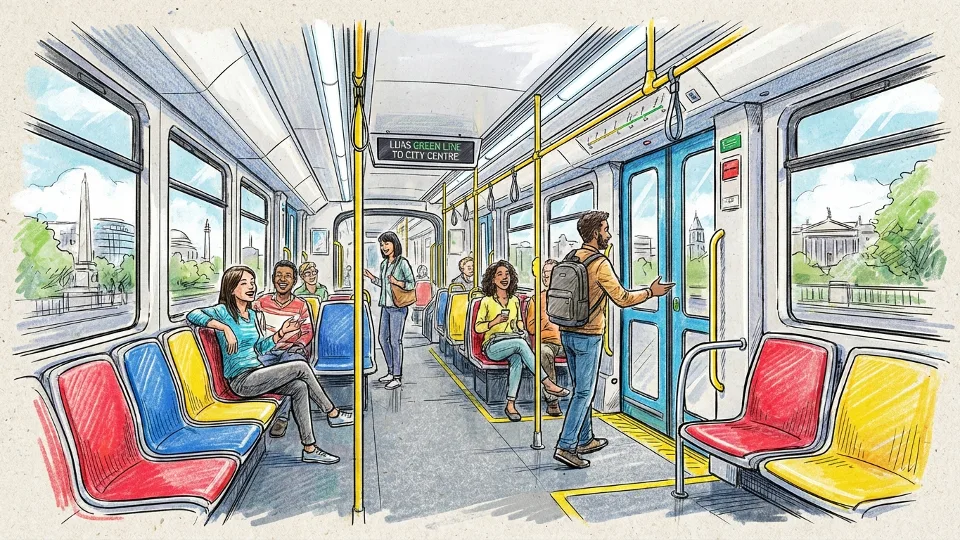 Interior view of Luas tram showing passenger seating area and window configuration near exit doors