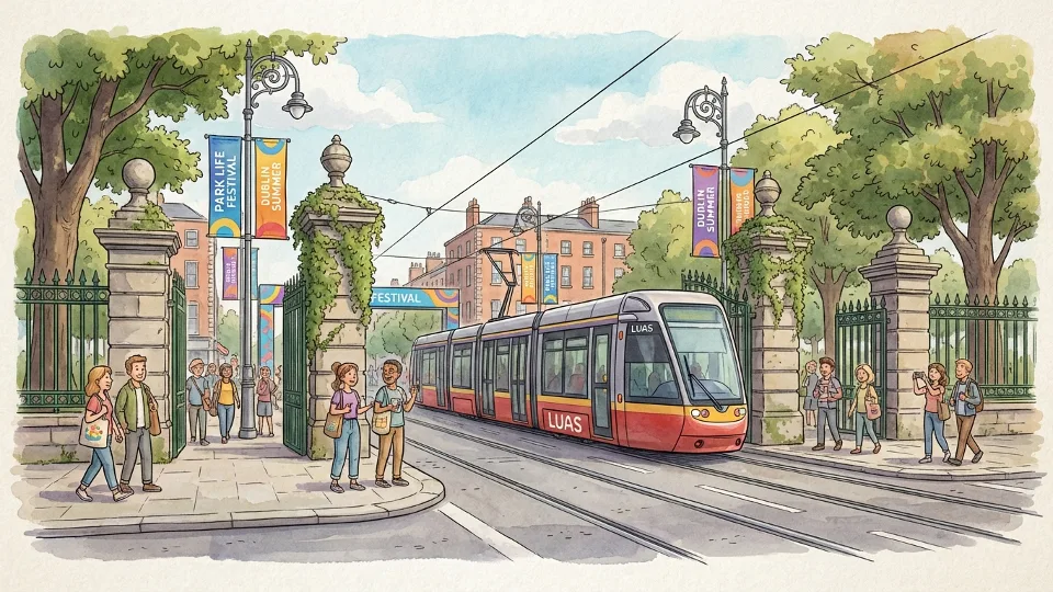 Phoenix Park Dublin entrance with Luas tram and festival signage