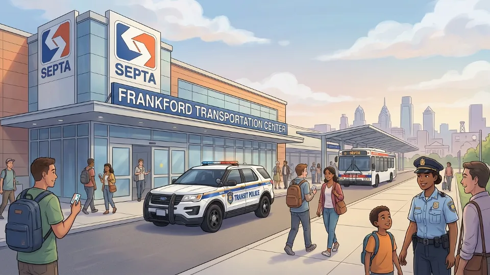 SEPTA Frankford Transportation Center exterior with transit police presence|SEPTA Frankford Transportation Center exterior showing station entrance and transit police vehicle|Wide angle shot showing main entrance of Frankford Transportation Center with SEPTA branding visible and emergency response presence