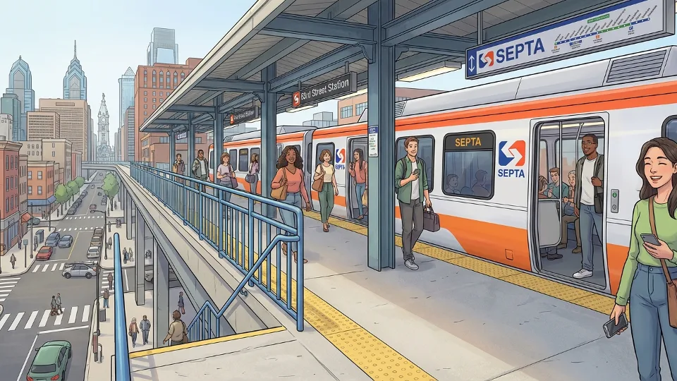 SEPTA Market-Frankford Line train at station platform|SEPTA Market-Frankford Line train stopped at elevated station platform with passengers|Side view of orange Market-Frankford Line train at platform showing SEPTA transit system branding