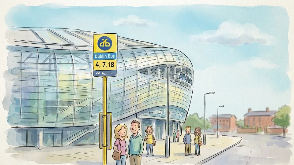 Aviva Stadium exterior with Dublin Bus stop sign in foreground showing route numbers